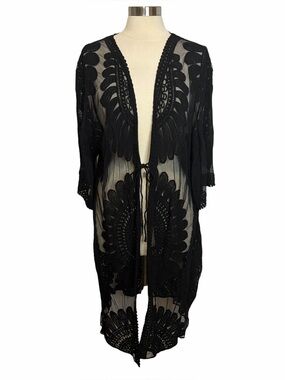 STYLE APPAREL Black Lace Midi Length Kimono, Large
